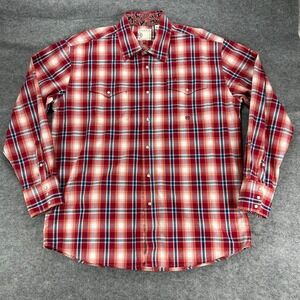 Roper Shirt Mens L Red Blue Check Plaid Cotton Long Sleeve Pearl Snap Western